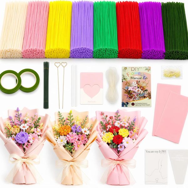 Chenille Stem (Pipe Cleaner) Flower Making Kit – 800 Stems in 8 Colors