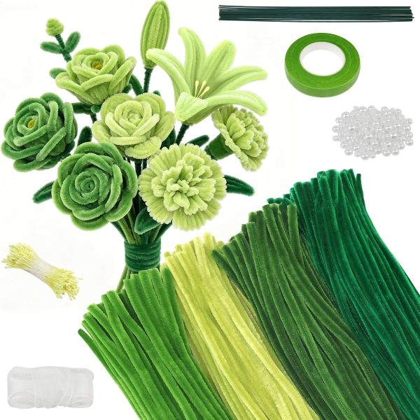 Chenille Stem (Pipe Cleaner) Flower Making Material Kit – Soft, Green Themed